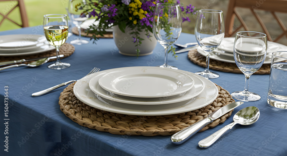 Fototapeta premium Outdoor Table Setting with Blue Tablecloth, White Plates, Silver Cutlery, and Fresh Flowers Ready for a Summer Meal