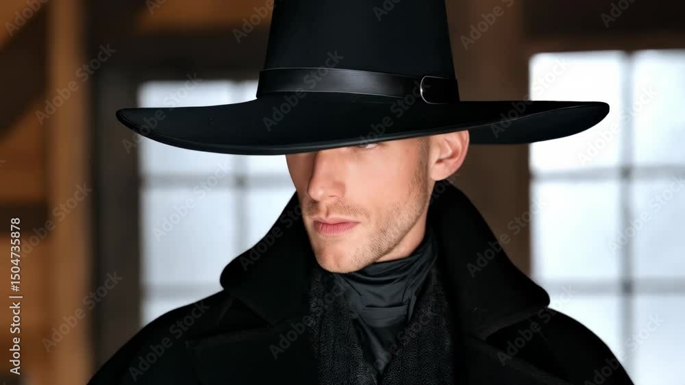 Man in black coat and wide brimmed hat, dark and mysterious tone, stylish and sophisticated portrait, elegant and confident look Man in black coat and wide brimmed hat, dark and mysterious tone, stylish and sophisticated portrait, elegant and confident look