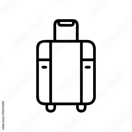 A simple graphic of a suitcase with a handle and wheels for travel and transportation needs shown