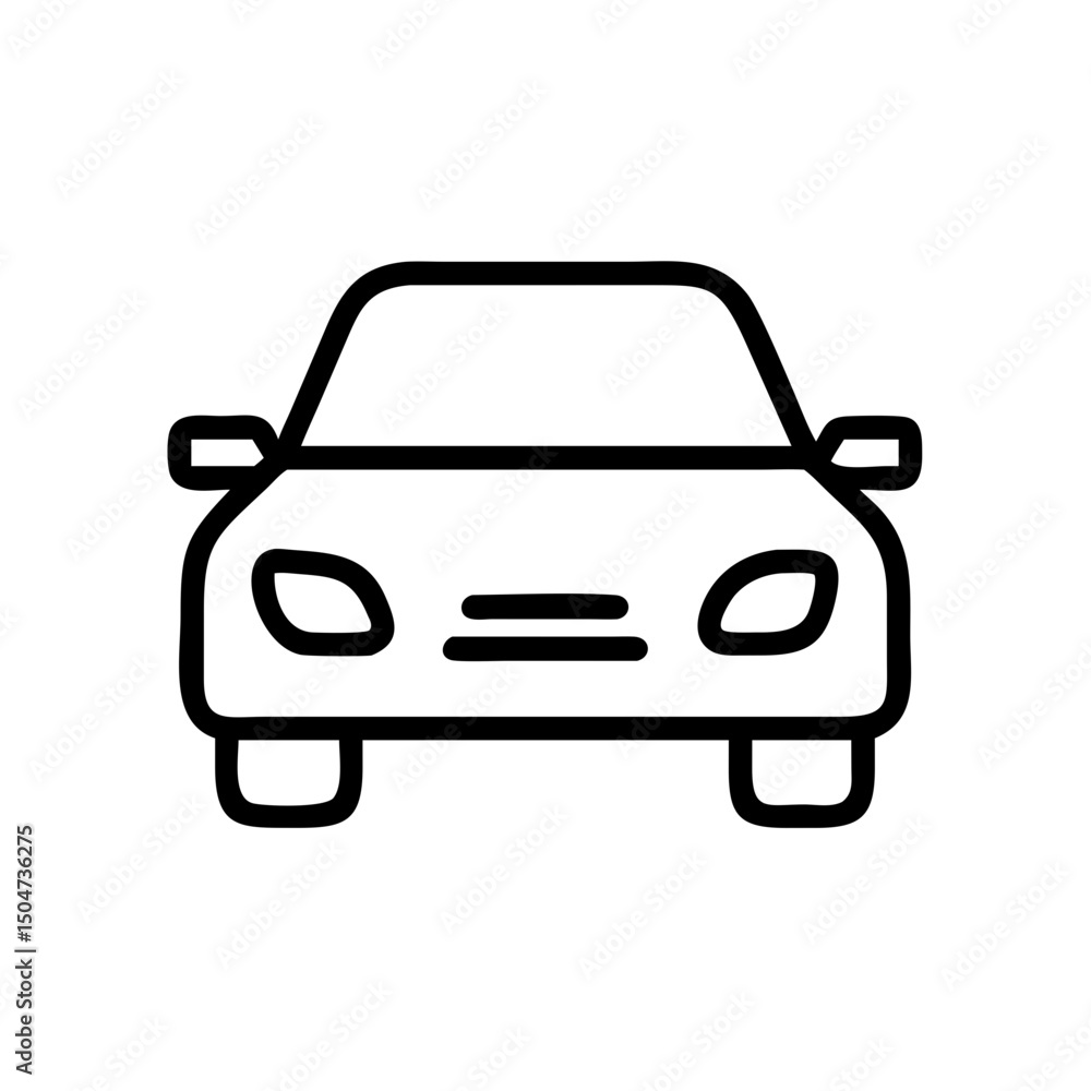 Front view of a simple automobile design with headlights and side mirrors in black outline style Front view of a simple automobile design with headlights and side mirrors in black outline style