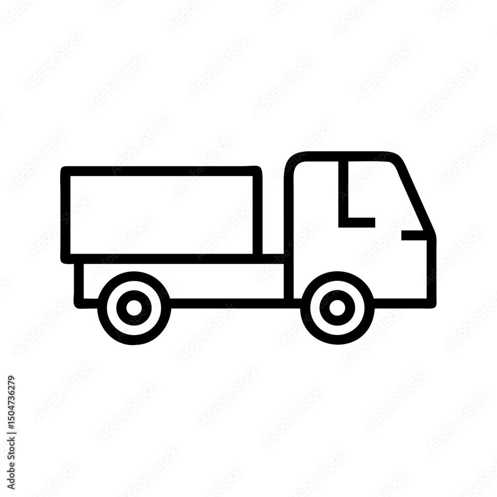 Simple graphic of a black outline delivery vehicle with a rectangular cargo area on a white background Simple graphic of a black outline delivery vehicle with a rectangular cargo area on a white background