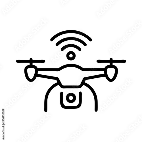 Aerial drone device with rotors and signal waves emanating, a modern technological marvel in flight, outline style