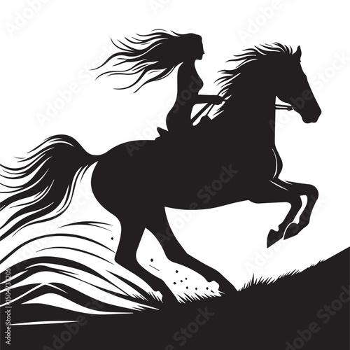 Silhouette of a person riding a horse, editable vector image