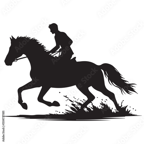 Silhouette of a person riding a horse, editable vector image