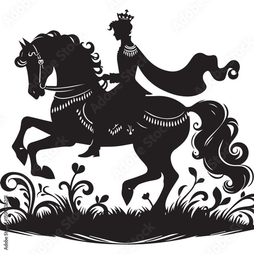 Silhouette of a person riding a horse, editable vector image