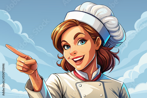 Young beautiful woman chef happy smile look indicate finger vector empty space ad promo advise choice isolated background banner