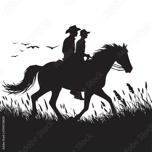 Silhouette of a person riding a horse, editable vector image