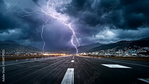 Bolts strike an empty runway under stormy skies, city lights glimmer in the distance against mountainous silhouettes