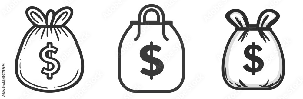 Collection of money bags represented as icons with simple line designs suitable for various digital applications Collection of money bags represented as icons with simple line designs suitable for various digital applications