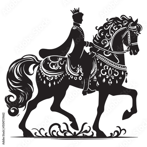 Silhouette of a person riding a horse, editable vector image