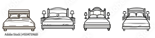 Different styles of bed icons displayed in line, emphasizing design variations and bedroom aesthetics for interior decor inspiration