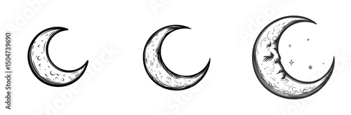Icons of crescent moons in different phases, showcasing a minimalist design for use in various contexts