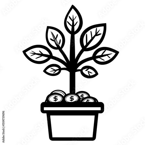 Concept of prosperity represented by a tree growing from a pot filled with coins and dollar symbols all in a line design