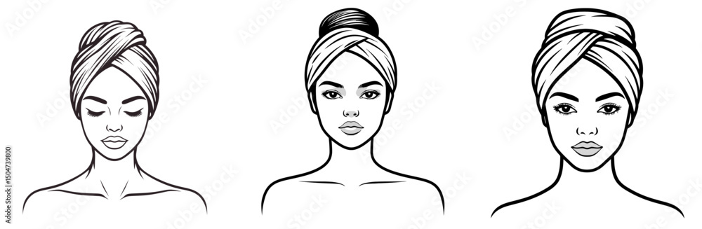 Hair care routine icons showing three styles of head wrap in a minimalist line illustration Hair care routine icons showing three styles of head wrap in a minimalist line illustration
