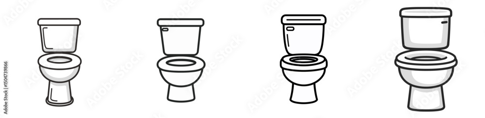Four variations of toilet designs depicted in simple line art showcasing different styles and sizes for modern bathrooms Four variations of toilet designs depicted in simple line art showcasing different styles and sizes for modern bathrooms