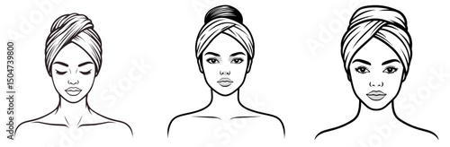 Hair care routine icons showing three styles of head wrap in a minimalist line illustration