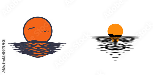 Sun icons in line art style showcasing a sunset and sunrise over calm waters with a minimalistic design approach
