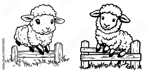 Two playful sheep jumping over wooden fences in a field during daytime with a simple line art style