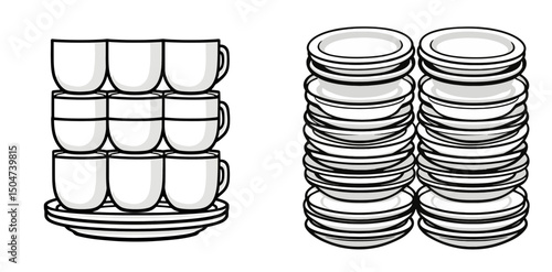 Stack of coffee cups and plates isolated on a white background with clean line art design showcasing kitchenware organization