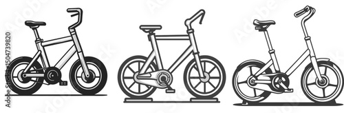 Different styles of bicycles displayed in an isolated line art illustration