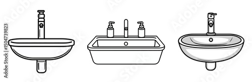 Collection of isolated line icons featuring different styles of sinks for bathroom and kitchen use