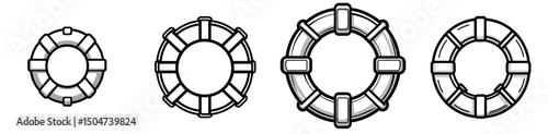 Collection of isolated line icons depicting different sizes of life preserver rings for safety measures