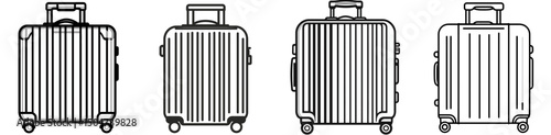 Travel luggage icon collection showcasing four distinct designs in line art style for travel enthusiasts and designers