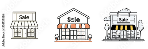 Collection of sale icons featuring different shop designs in line art style, isolated on white background