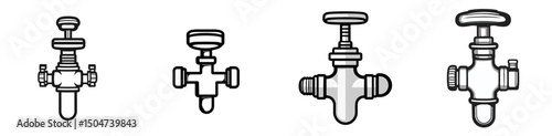 Collection of various line drawing icons of valves and taps in isolated design format for engineering and plumbing projects