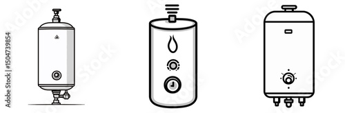 Collection of isolated line icons depicting different types of water heaters with distinct designs and functionalities