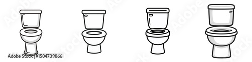 Four variations of toilet designs depicted in simple line art showcasing different styles and sizes for modern bathrooms