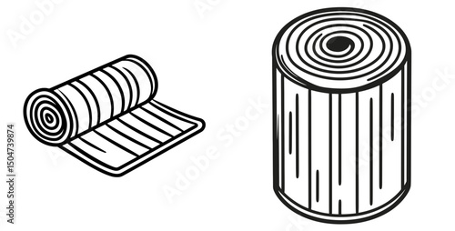 Illustration of rolled and stacked sheets representing various materials in a simplistic line art style