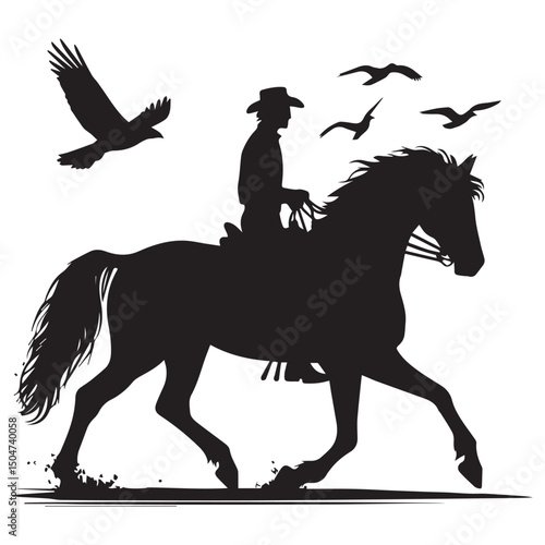Silhouette of a person riding a horse, editable vector image