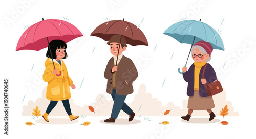 Autumn Rainy Day Cartoon People Walking with Umbrellas, Vector Illustration Set