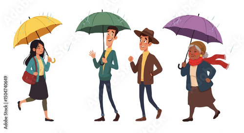 Autumn Rainy Day Cartoon People Walking with Umbrellas, Vector Illustration Set