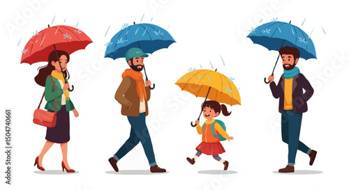Autumn Rainy Day Cartoon People Walking with Umbrellas, Vector Illustration Set