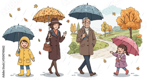 Cartoon People Walking with Umbrellas on Autumn Rainy Day, Vector Illustration Set