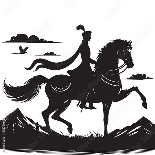 Silhouette of a person riding a horse, editable vector image