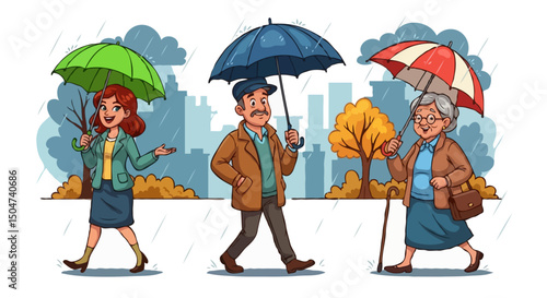 Cartoon People Walking with Umbrellas on Autumn Rainy Day, Vector Illustration Set