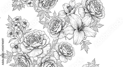 Fototapeta Naklejka Na Ścianę i Meble -  Elegant black and white floral background featuring detailed hand-drawn flowers such as roses, peonies, and lilies. High-contrast monochrome style, vintage ink illustration look, seamless pattern
