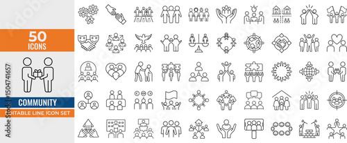 Community and Teamwork Vector Icon Set. People, Friendship, Social Support, Partnerships, Collaboration and Group Success