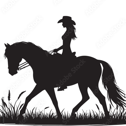 Silhouette of a person riding a horse, editable vector image