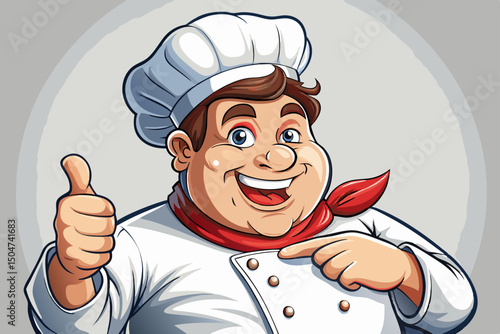 Fat chef man happy smile look indicate finger vector empty space ad promo advise choice isolated background banner