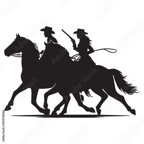 Silhouette of a person riding a horse, editable vector image
