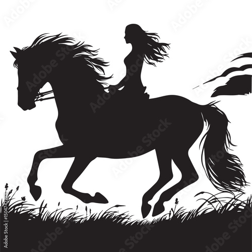 Silhouette of a person riding a horse, editable vector image