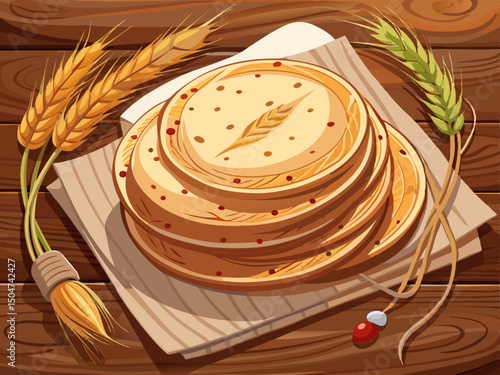 vector of Stack of homemade whole wheat flour tortillas on a paper napkin, and a bunch of wheat ears tied with knave next to the breads on a wooden background