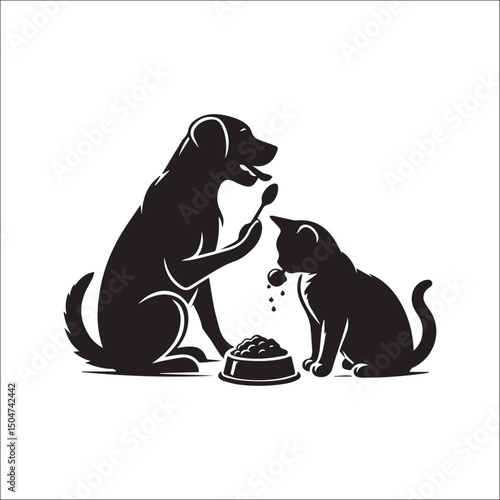Friendly pets sharing a meal in silhouette.| A simple, elegant silhouette design of a cat and dog sharing a food bowl.