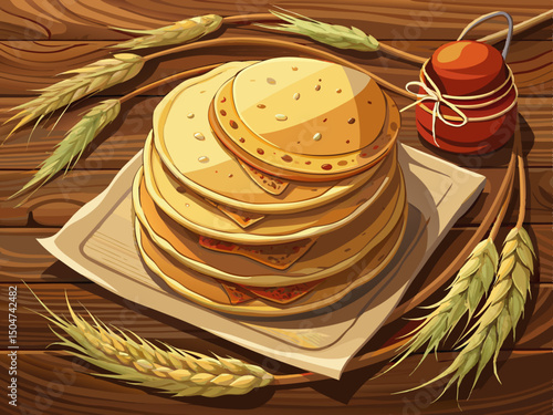 vector of Stack of homemade whole wheat flour tortillas on a paper napkin, and a bunch of wheat ears tied with knave next to the breads on a wooden background