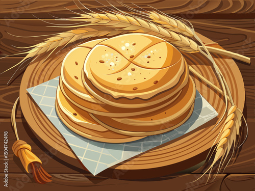 vector of Stack of homemade whole wheat flour tortillas on a paper napkin, and a bunch of wheat ears tied with knave next to the breads on a wooden background