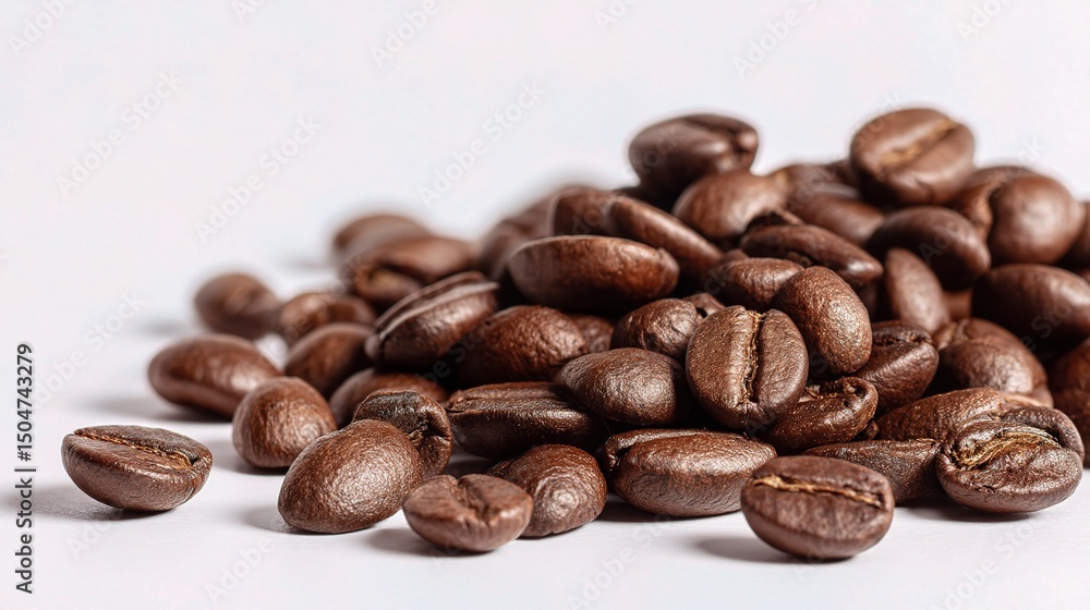 Naklejka premium Handful of Roasted Coffee Beans Spread Over White Surface